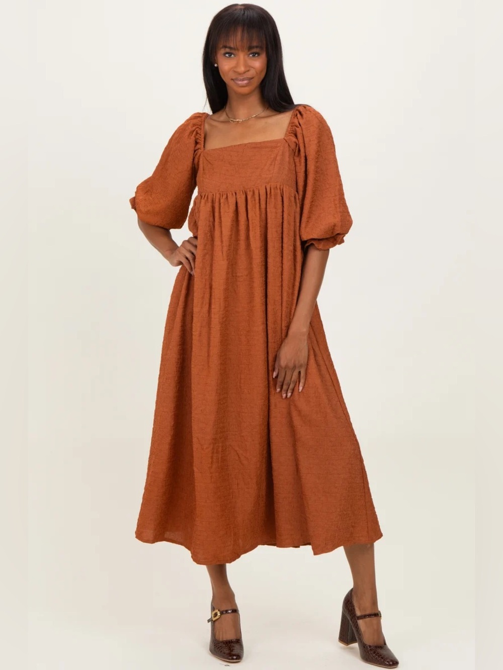 Burnt Orange Puff-Sleeve Square-Neck Midi Dress